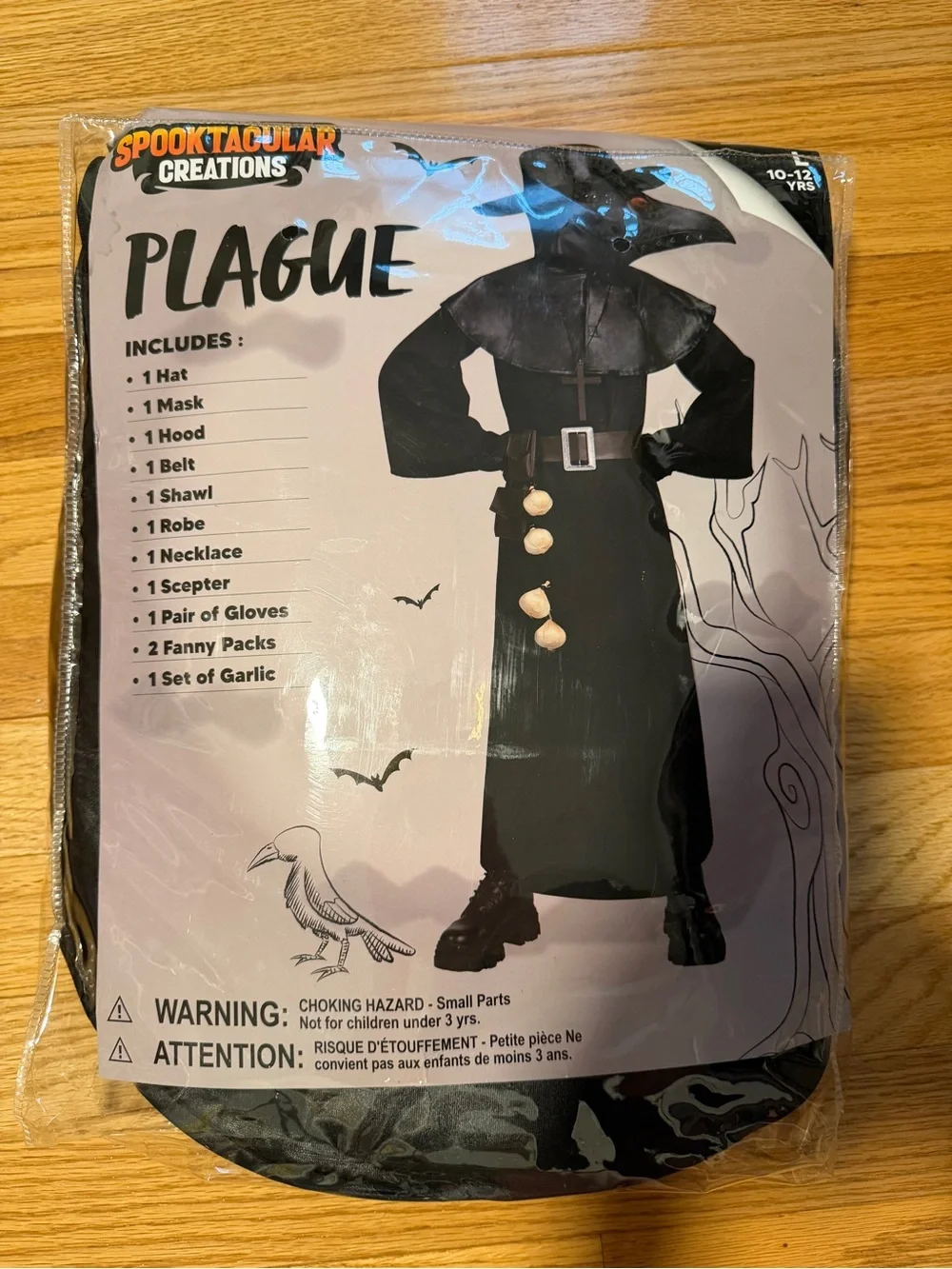 Kids Black Plague Doctor Costume with Hooded Beak Mask Size L (10/12)